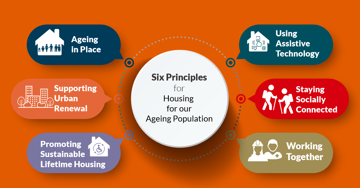 6 Key Principles:
Putting in place measures to ensure that sustainable housing is provided in the right location to enable people to age in the community;
Framing policy and implementation to ensure that they support the renewal and regeneration of urban centres;
Designing housing and the environment in accordance with the principles of sustainable lifetime housing;
 Promoting the use of assistive technology to support people to live independently;
 Ensuring there is adequate consideration to the need for social connectedness in devising policy; and
 Working together to achieve the policy objectives.